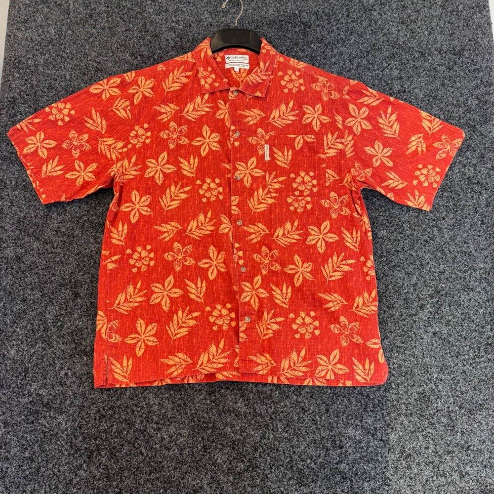 Columbia Sportswear Mens Red Orange‎ Floral Leaf Short Sleeve Button Up Shirt L